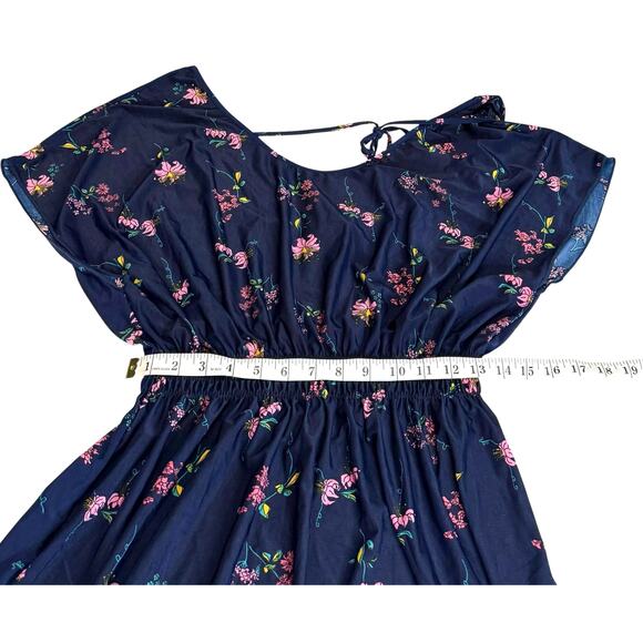 Young USA Navy Blue Floral Midi Dress Size L Elastic Waist Short Sleeve NWT - Picture 10 of 10